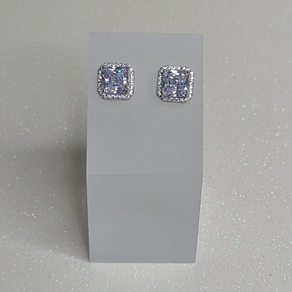 Cubic Zirconia Square Stud Earrings 925 Sterling Silver Post